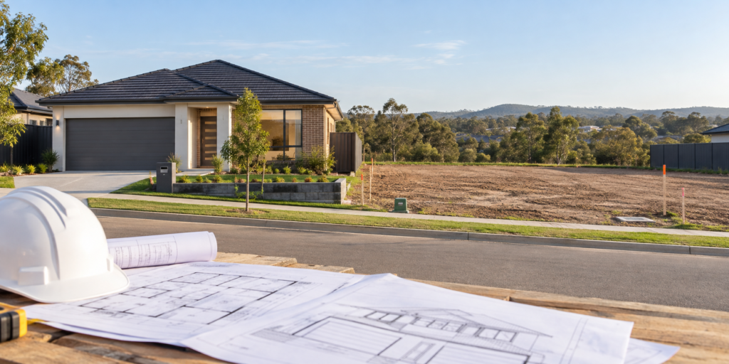 New home beside a serviced vacant lot with house-and-land plans