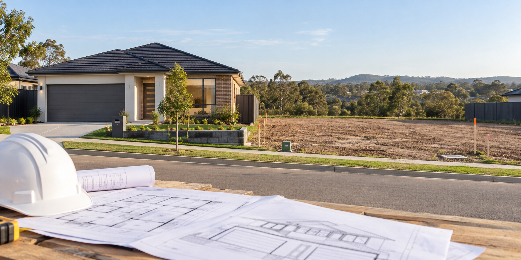 New home beside a serviced vacant lot with house-and-land plans