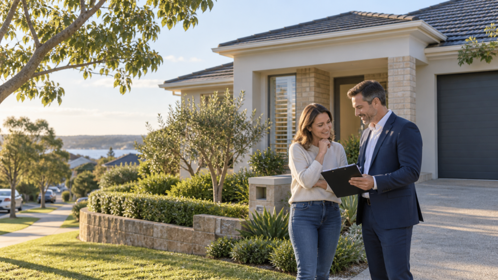 Homeowner reviewing a Sydney property sale campaign with a real estate agent