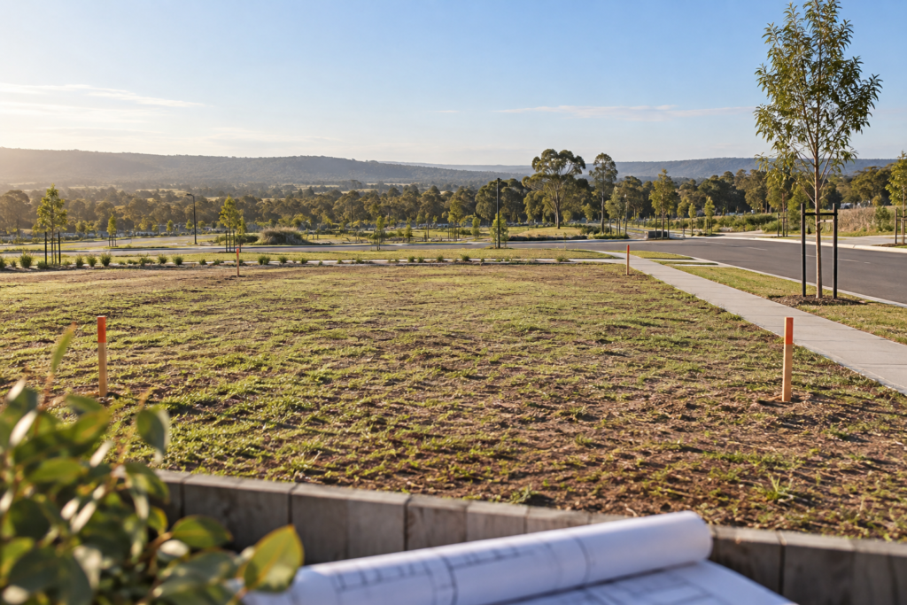 Vacant serviced residential land lot with survey pegs in Menangle Park