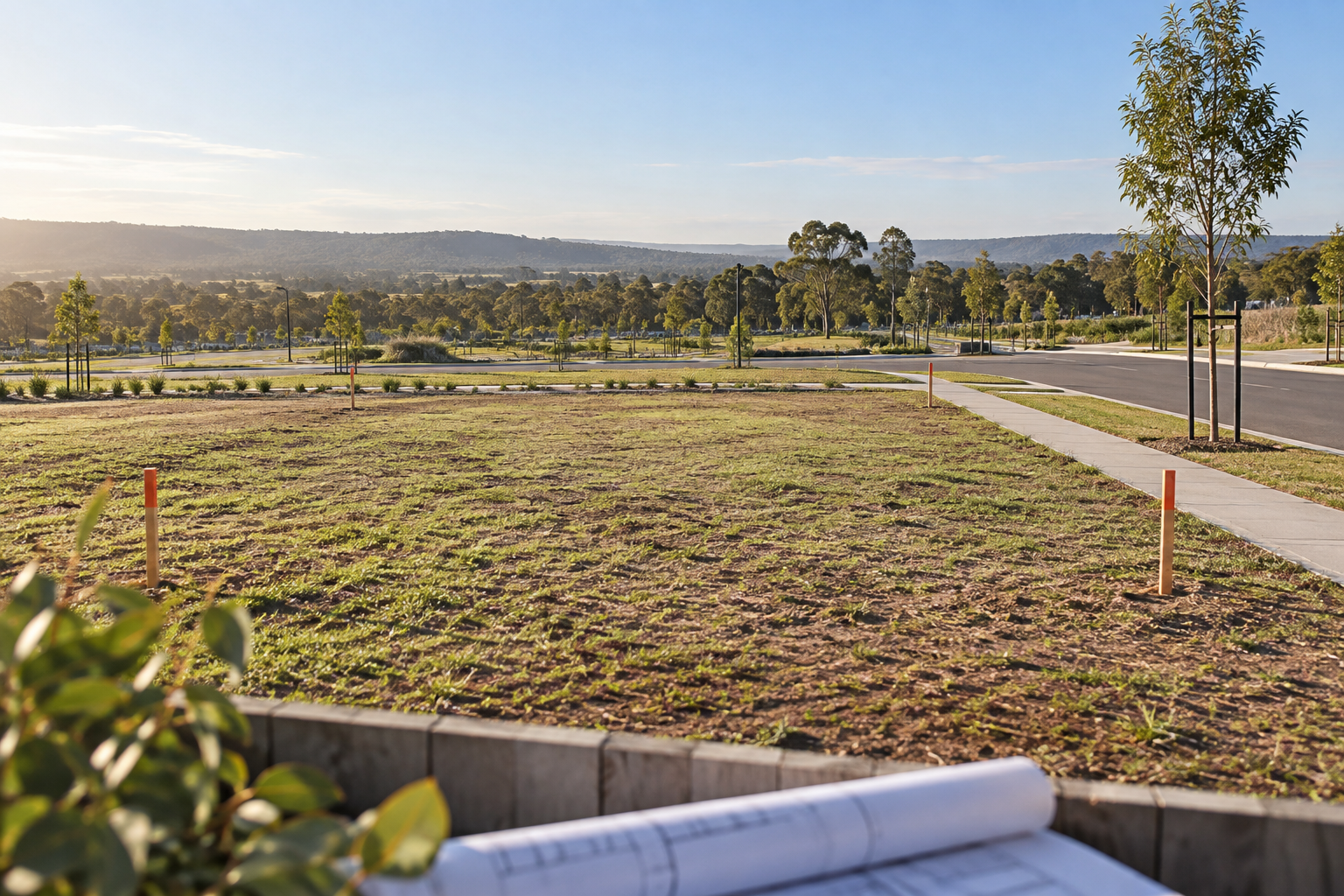 Vacant serviced residential land lot with survey pegs in Menangle Park