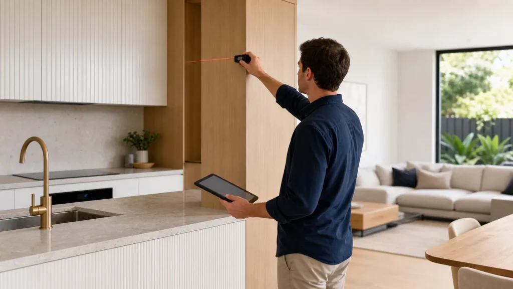 Quantity surveyor inspecting a modern Australian investment property for a depreciation schedule