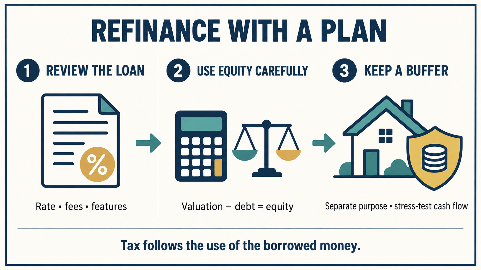 Simple refinance plan for property investors: review the loan, use equity carefully and keep a buffer
