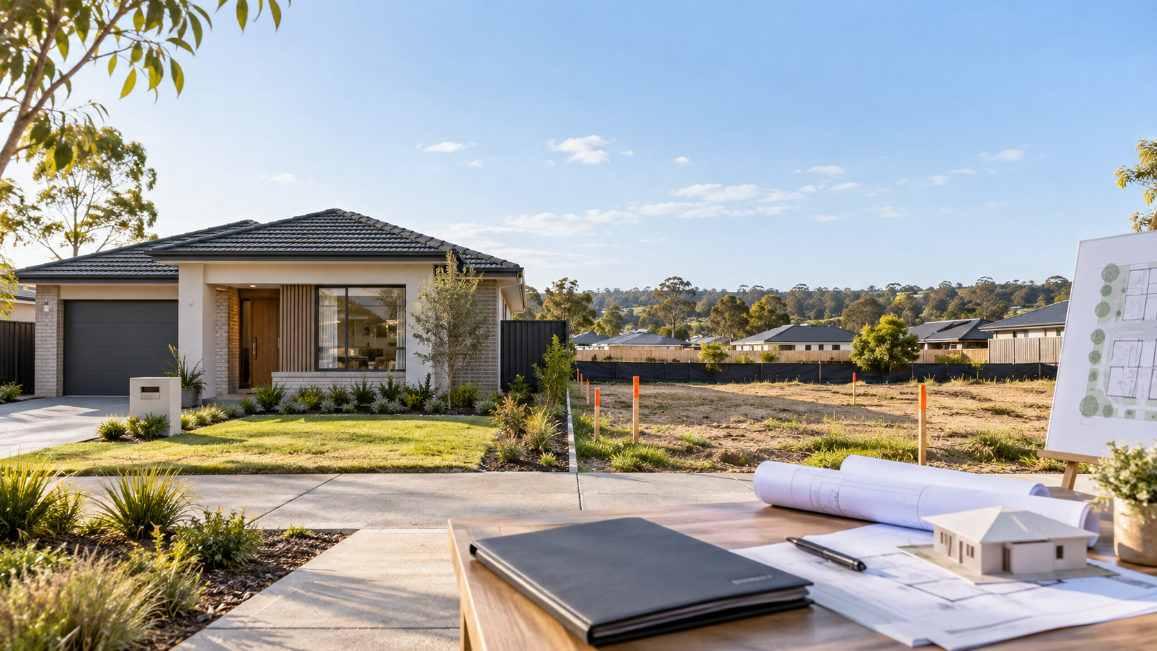 Completed villa beside a serviced vacant lot with house-and-land plans