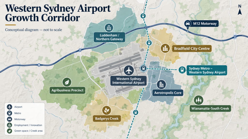 Conceptual orientation map of the Western Sydney Airport Growth Corridor showing airport-side precincts, transport links and employment areas