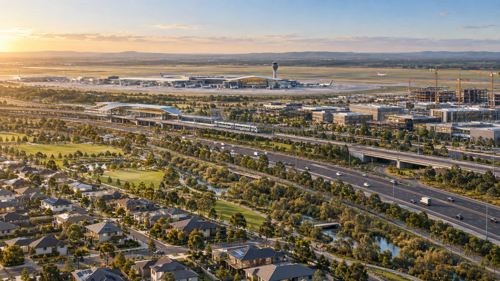 Conceptual aerial visualisation of Western Sydney International Airport, metro, motorway, employment precinct and new house-and-land neighbourhood